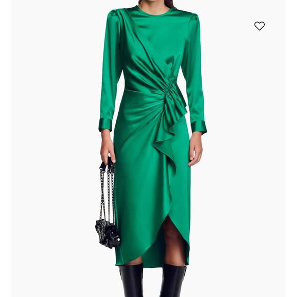 Sandro Faux Wrap Ruched Satin Midi Dress Sz 36/4 Emerald Green LS Ecru Ruffled - Picture 1 of 12